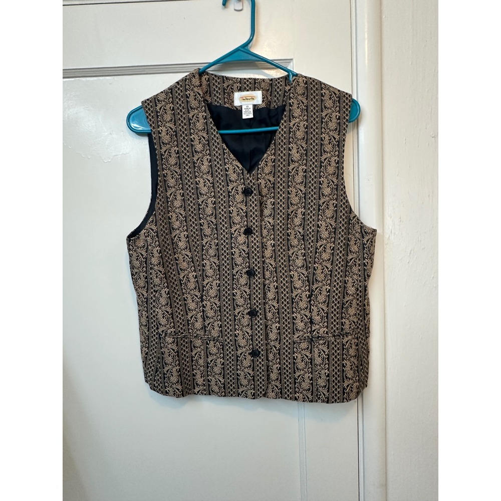 Talbots Womens Vintage Black Gold Tapestry Floral Stripe Button Front Vest Sz 10
